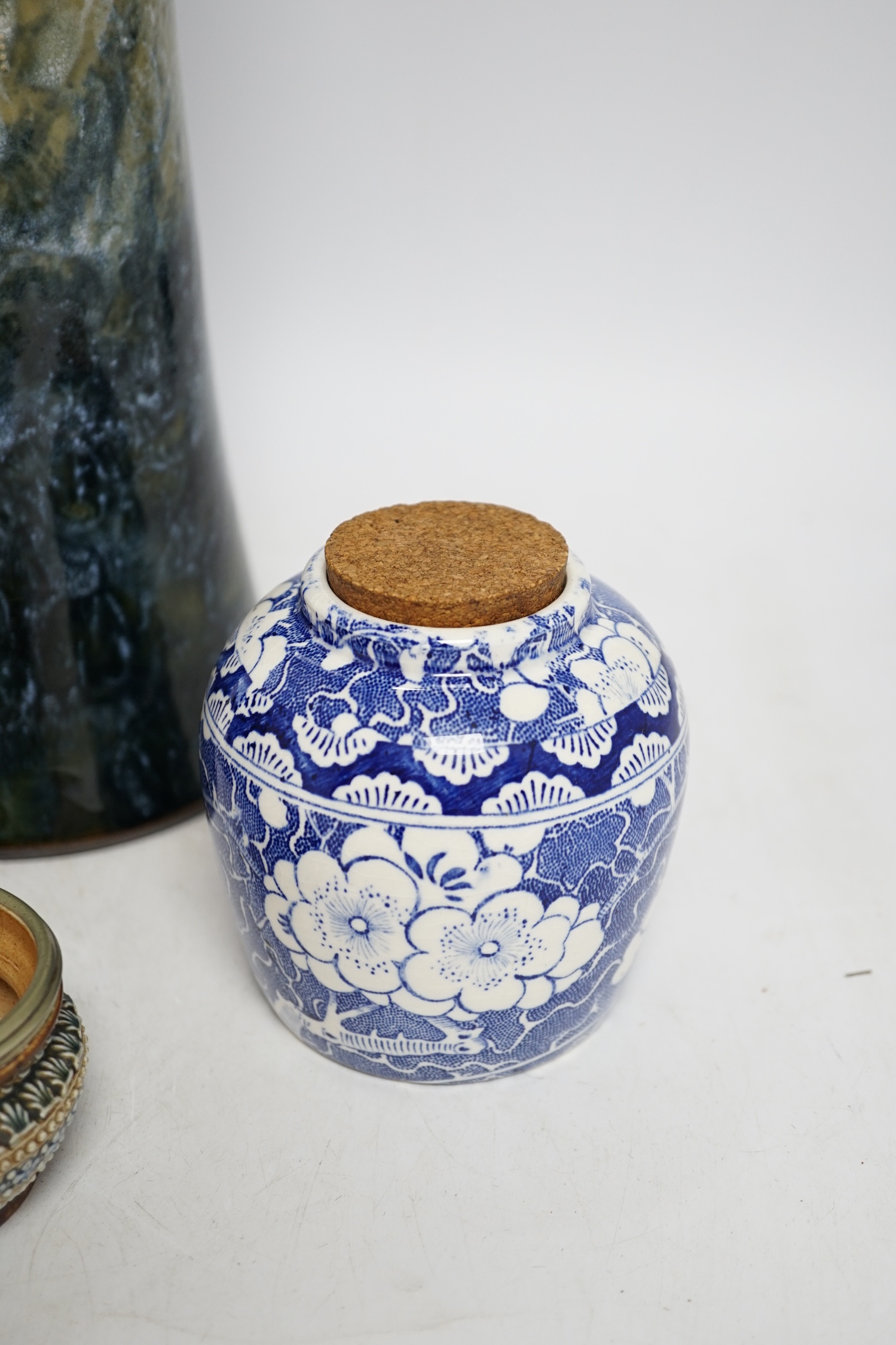 Five ceramic items comprising Doulton vase, two miniature Doulton pots, a Wedgwood jug and a blue and white jar, largest 33cm. Condition - two pots poor, others good